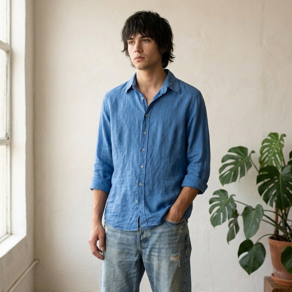 CP Shades Shirt Mens Medium Blue Linen Button Down Hand Dyed Made in USA Coastal
